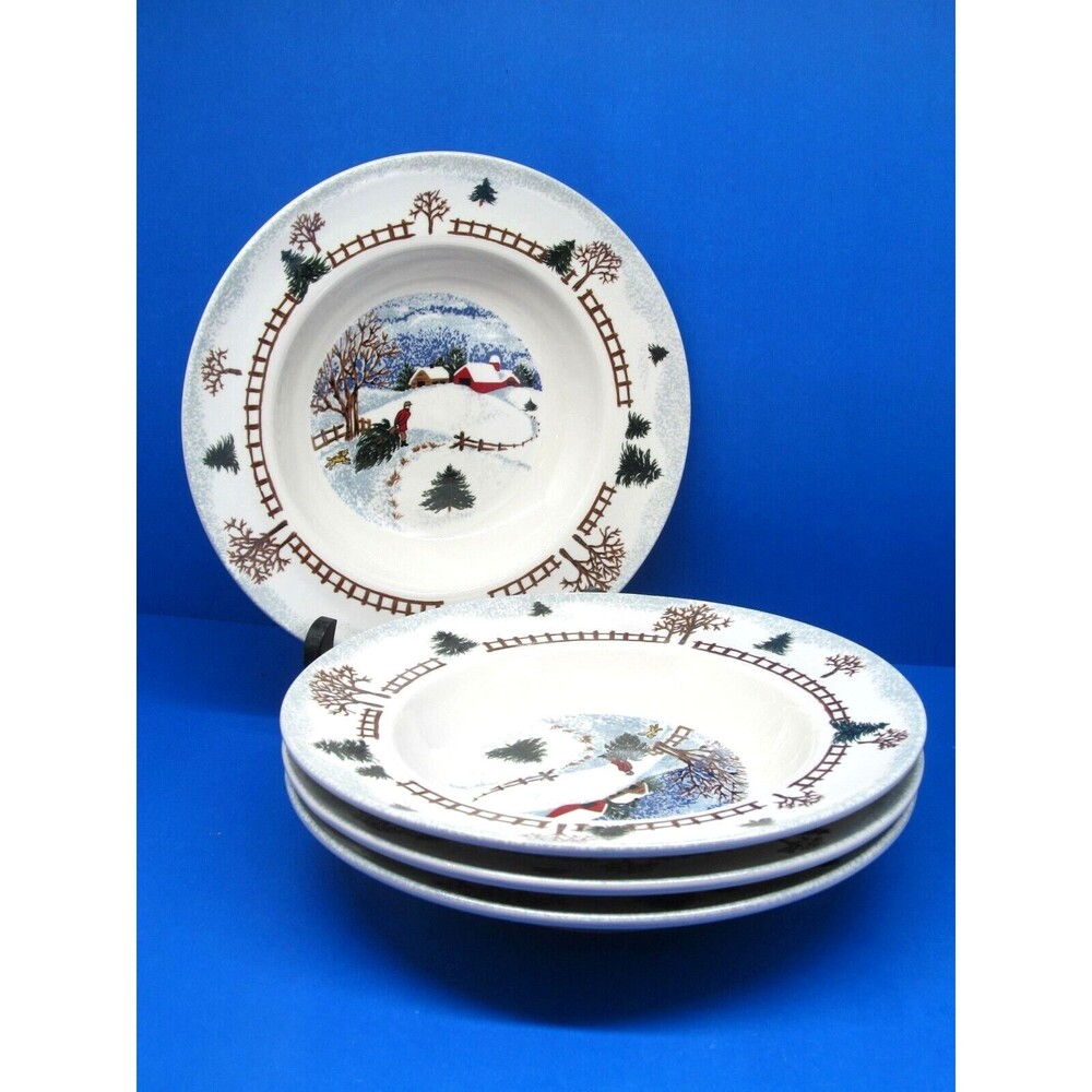 Folkcraft Winter Side 9" Rimmed Soup Bowls Bundle Of 4